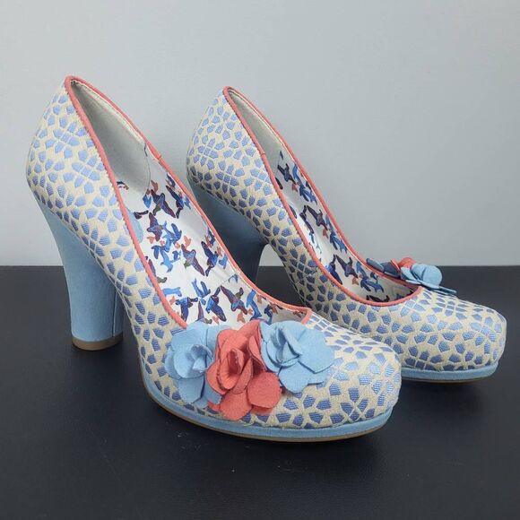 Floral Patterned Blue and Pink Women's Heels - Picture 1 of 9